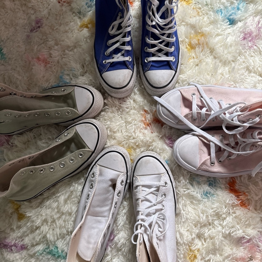 Converse High-Top Sneakers in Blue, Pink, White, and Tan